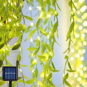 KAL-Feuilles De Saule Guirlande Lumineuse Exterieure,10M,100 Led,8 Modes Décoration Lumiere,Guirlande Lumineuse Solaire D'Extérieur Avec Feuille De Saule,Pour Mariage,Fêtes, Décorations De Jardin (A) - Neuf