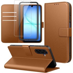 Aefj-Coque Portefeuille Compatible Avec Samsung Galaxy A17 4g/ 5g Avec 1 Pi&egrave;ce Protection &Eacute;cran En Verre Tremp&eacute; Et 1 Pi&egrave;ce Outil D'installation Simple,Pu Cuir Housse, Support &Eacute;tui - Marron - Neuf