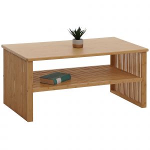 Table basse en bambou HWC-N80, table de salon avec compartiment de rangement, certifi&eacute;e FSC&reg; 46x97x55 cm - Neuf