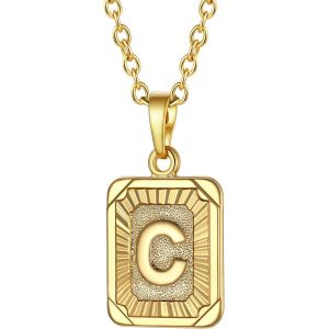 Kal-Collier Lettre Femme Plaqu&eacute; Or Jaune, Pendentif Rectangle Avec Initiale, Cha&icirc;ne Rolo Ajustable De 2,5mm/50+5cm - Neuf