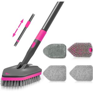 De Nettoyage,&Agrave; R&eacute;curer Avec Manche Long T&eacute;lescopique 142 Cm,4 T&ecirc;tes De Lavage Pour Nettoyer La Salle De Bain,La Baignoire,Le Sol,La Plinthe,L'&eacute;vier,La Cuisine (Rose Rouge) - Neuf