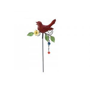 Piquet de jardin en m&eacute;tal rouge avec motif d'oiseau et clochette &agrave; ressort - Neuf
