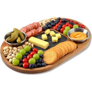 Checarzhn--No1-Plateau De Service En Bois D'acacia Avec Plateau En Ardo 36 X 24 Cm, Planche De Service En Bois Avec 2 Bols À Sauce, Assiette À Steak, Assiette À Apéritif, Assiette À Collation Avec - Neuf