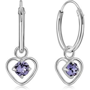 Kal-&reg; Boucles D'oreilles Petites Cr&eacute;oles En Argent Fin 925 Et Pendentif Coeur Avec 3 Mm Cristaux De Swarovski&reg; Elements Ronds - &Eacute;paisseur 1.5 Mm - Diam&egrave;tre: 14 Mm - Choix De Diff&eacute;rentes Couleurs - Neuf