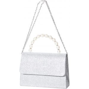 RFCBC-Pochette élégante pour femme, argent pailleté, sac de soirée avec poignées en perles et bandoulière en chaîne - Neuf