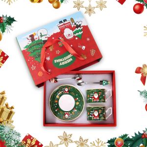 Tasse &Agrave; Caf&eacute; De No&euml;l,Lot E 2 Tasse &Agrave; Caf&eacute; De No&euml;l,Livr&eacute; Avec Une Assiette,Une Cuill&egrave;re Et Un Couvercle,Convient Pour Une Utilisation &Agrave; Ou Pour Offrir En Cadeau,200ml (Vert) - Neuf