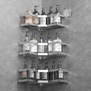 Rangement Salle de Bain, 3 Pcs Argent Etagere Salle de Bain Accessoire sans Percage, 201 Acier Inoxydable Etagere Douche avec Adh&eacute;sif, Rangement Douche - Neuf