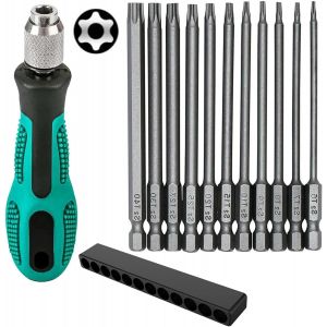 ERYI-12 Pièces T6-T40 Tournevis Torx, 100Mm 1/4"" Magnétique Tige Hexagonale Embout Visseuse Long, Outils De Jeu D'Embouts Torx Électriques À Longs En Acier S2, Avec T30 Et Poignée - Neuf