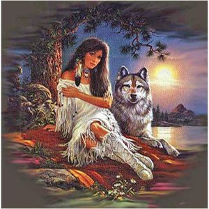 Oayew-40x40cm Diamond Painting 5d Complet Carr&eacute;,Diy Peinture Diamant Indienne, Square Point De Croix Tableau Diamant Animaux Sauvage,Parfait Pour La D&eacute;cor Mur De La Maison,Femme Et Loup - Neuf