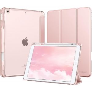 Coque pour iPad 9e/8e/7e G&eacute;n&eacute;ration 10,2 Pouces 2021/2020/2019 avec Porte-Crayon, Mince L&eacute;g&egrave;re &agrave; Trois Volets Coque avec PC Arri&egrave;re Translucide Robuste, Veille/R&eacute;veil Auto, Or Rose - Neuf