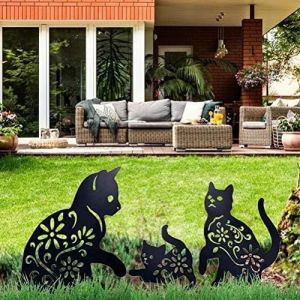 Statues De Jardin Décoratives En Métal Représentant Un Chat, Lot De 3 Silhouettes Creuses En Forme D'animal, Noires - Neuf