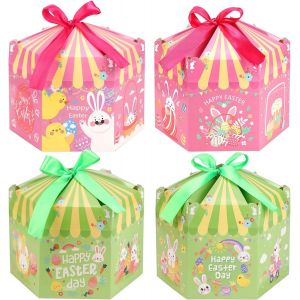 TRAHOO-12pcs Bo&icirc;tes Cadeaux de P&acirc;ques avec Ruban, DIY Hexagonales Bo&icirc;tes P&acirc;ques F&ecirc;te Faveur Bo&icirc;tes pour Enfants, Poussin Lapin Bo&icirc;tes Chocolats Bonbons Bo&icirc;tes pour Jeux de Chasse aux Oeufs de P&acirc;ques - Neuf