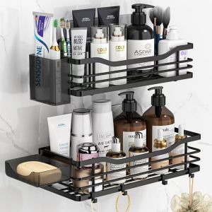 KAL-Etagere Douche Sans Percage, 4 Pcs Etagère Salle De Bain Noir, Rangement Et Organisation De La Salle De Bain Avec Crochets, Support Douche, Ensemble Porte-Brosse Dents Et Savon - Neuf