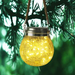 Tianyi-Lanterne Solaire Exterieur Jardin, 30 Led Boule De Lumi&egrave;re Solaire Craquel&eacute;e Verre Lampe Suspendue Mason Jar Avec Paille Eclairage Ip65 Etanche Pour Pelouse, F&ecirc;te, Cour, Mariage(Blanc Chaud) - Neuf