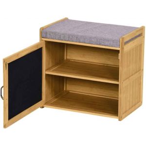 SUBZONAL-Banc de rangement &agrave; chaussures pour entr&eacute;e maison avec 2 &eacute;tag&egrave;res, porte chaussures, fermeture &agrave; porte, structure en bois, banc avec coussin rembourr&eacute; en tissu, meuble polyvalent, dimensions - Neuf