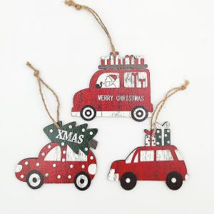 3 No&euml;l en bois voiture pendentifs, des d&eacute;corations de No&euml;l, imprim&eacute; voiture de pendentifs, de l'arbre de No&euml;l de co - Neuf