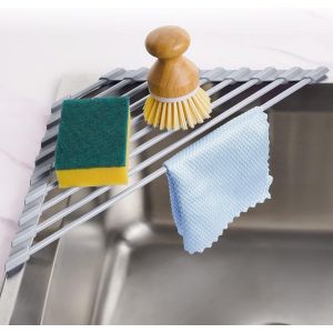 Eryi-Égouttoir À Vaisselle Triangulaire Enroulable Avec Revêtement En Silicone Pour Coin De L'évier, Petit Égouttoir De Cuisine Pliable En Acier Inoxydable Multifonction Pour Économiser (Gris) - Neuf
