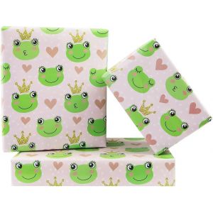 Lot De 4 Feuilles De Papier Cadeau Motif Grenouille Verte Avec Couronne Et C?Ur Imprimé Pour Enfants, Garçons, Filles, Emballages Cadeaux Amusants Pour Anniversaire Fête Prénatale-50 X 70 Cm - Neuf