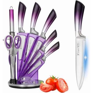 Checarzhn--No1-Lot De 9 Couteaux De Cuisine Violets Avec Bloc À Couteaux Rotatif En Acrylique - Revêtement Antiadhésif - Avec Aigu Ur - Cadeau Pour Fille (Violet) - Neuf