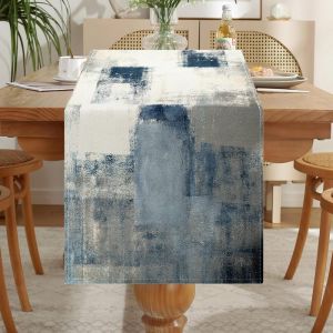 Sjzg-Chemin De Table Moderne - En Lin - Bleu - Style Maison De Campagne - D&eacute;coration De Table De F&ecirc;te - R&eacute;sistant Aux Intemp&eacute;ries - 33 X 183 Cm - Pour Table Basse - Neuf