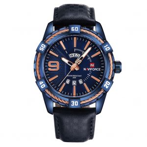 Montre A Quartz Etanche Naviforce Pour Homme Avec Bracelet En Cuir Veritable (Boitier Bleu) - Neuf