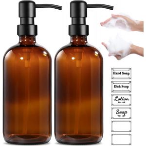 CMJAAGUR-Distributeurs De Savon En Verre Ambr&eacute;, 2 Pi&egrave;ces Distributeur De Liquide Vaisselle Rechargeable, 500Ml Distributeur De Savon, Rechargeable Distributeur Savon Cuisine, Accessoire Sall[M440] - Neuf