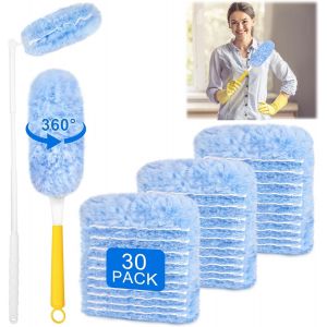 30 Pièces Plumeau Poussiere Recharge Kit,360° Recharges de Plumeau avec 2 Poignée Plumeaux à Poussière Brosses Dépoussiérantes pour Cheveux, Poussière, Nettoyage de Toiture de Saleté - Neuf