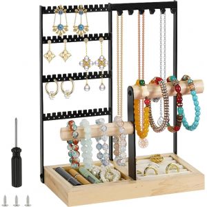 Mevronisshop-Porte Bijoux Présentoir À Bijoux En Metal Et Bois Durable,Porte-Bijoux Avec Plateau Et Crochets,Porte Collier,Rangement Bijoux Pour Chaînes Boucles D'oreilles Bagues Bracelets Montres - Neuf