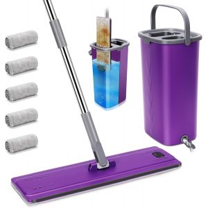 KALANKA-Serpilli&egrave;re Seau Essoreur, Balai Serpill&egrave;re Plat Rotatif 360&deg; et Seau Auto-Lavage avec 5 Tampons en Microfibre, Serpillere et Seau Essoreur Double Bac pour Nettoyer Sol (Violet) - Neuf