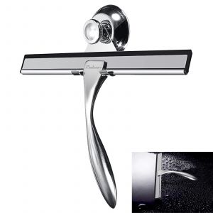 Raclette de douche en acier inoxydable avec crochet à ventouse pour nettoyer miroirs, fenêtres et vitres de voiture - Lame en caoutchouc supérieure et conception ergonomique - Neuf