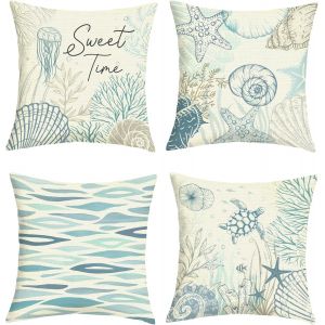 Cauc-Housse Coussin 50x50 Lot De 4 &Eacute;t&eacute; Nautique Tortue De Mer Taie D'oreiller Oc&eacute;an Corail Coquillage &Eacute;toile De Mer Housse D'oreiller Pour Coussins Canap&eacute; Housses Home D&eacute;cor - Neuf
