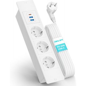 KALANKA-Prise Encastrable, Multiprise Electrique 3 Prises et USB C, Multiprise Encastrable pour Plan de Travail, Cuisine, Bureau, 3500W/16A, Multiprise Encastrée avec 1.8M Câble,Blanc - Neuf