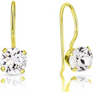 Kal-® Boucles D'oreilles À Crochet En Argent Fin 925 Plaqué Or Jaune Et Cristaux De Swarovski® Elements Ronds - Diamètre: 6 Mm - Neuf