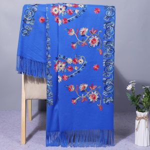 Écharpe D'hiver Brodée De Motifs De Fleurs, Longue Écharpe De Style Ethnique, Châle Épais Et Chaud Pour Femmes-Bleu - Neuf