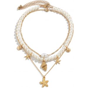 Kal-Collier Femme, Collier Boho Avec Coquillages Perles De Mer Conques, Collier Multiraing Avec Pendentif Étoile De Mer, Cadeaux De Femmes Et De Filles - Neuf