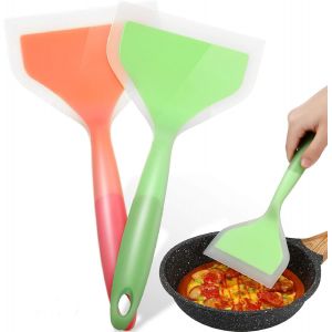 Lot De 2 Spatules Larges En Silicone Pour Omelette Tamagoyaki, Id&eacute;ales Pour La Cuisson Du Poisson Frit, Les ?ufs, Les Biscuits Et Les Cr&ecirc;pes (Vert, Orange) - Neuf