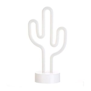 Lampe Led Cactus Neon Avec Support - Blanc - Fonctionne Avec Piles - &Eacute;conome En &Eacute;nergie - Mat&eacute;riaux S&ucirc;rs - Neuf