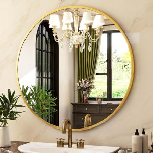 Miroir mural d&eacute;coratif rond de 71 cm (28 po) avec cadre en aluminium - Neuf