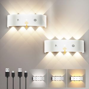 TIANYI-2 Pièces Applique Murale à Détecteur de Mouvement, Lampe Murale sans fil LED, Batterie Rechargeable 6000mAh, 3 Couleurs, Applique Murale 3 Modes d'Eclairage, Lumière Murale Batterie - Blanc - Neuf