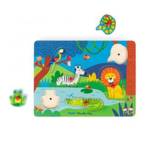Puzzle 6 Pi&egrave;ces Moulin Roty Sonore Animaux En Bois Les Toupitis - Neuf