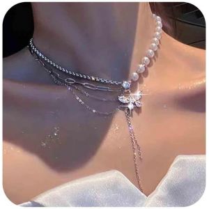 Kal-Collier Perle Cristal Papillon En Forme De Y Collier Pampille En Argent Collier Ras De Cou En Perles Blanches Collier Lariat En Cz Personnalisé En Forme De Y Bijoux En Chaîne Pour Femmes - Neuf