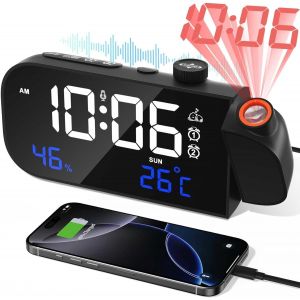 MOSUO Radio Reveil Projection Plafond, Digitale Reveil Matin Horloge Numérique,LED Réveil Numérique, avec Température/Humidité/Snooze/Activation Sonore,Luminosité Volume Réglables,pour Chambre Bureau - Neuf
