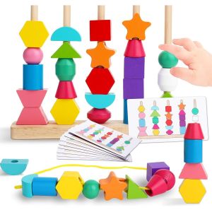 2 En 1 Montessori Jouet 2 3 4 5 Ans Bloc De Construction Billes De La&ccedil;age Perles En Bois Jeu D'enfilage Educatif Puzzles Cadeau Pour B&eacute;b&eacute; Enfants - Neuf
