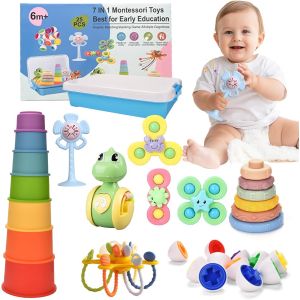 Ulteronixshop-Jouet B&eacute;b&eacute; Pour 6 &Agrave; 12 Mois,Montessori Jeux Deveil Bebe 6-9-12-18 Mois,Jeux Dentition Empilable Sensoriel 7 En 1 Gobelets Empilables,Jouet &Agrave; Ventouse &Agrave; Rotation,Cadeau Pour Bebe 6-12-18 - Neuf