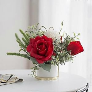 Roses artificielles avec pot de fleurs en céramique - Support de fleurs en métal - Plantes couronnes décoratives - Neuf