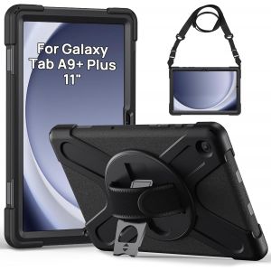 JGD-Coque Antichoc pour Samsung Galaxy Tab A9 Plus 11"" 2023 (SM-X210/X216/X218), &Eacute;tui Armure Robuste avec Support Rotatif, Dragonne et Bandouli&egrave;re R&eacute;glable, Housse pour Samsung Tab A9+ Plus, Noir - Neuf