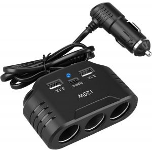 JGD-120W Prise Allume Cigare 12V 24V, Adaptateur avec 3 Prises Allume-Cigare 2 USB-A Port 1 Type C 5V 3.1A, Multi Chargeur Splitter avec LED pour Tablette GPS Phone Dash Cam Cam&eacute;ra Voiture - Neuf
