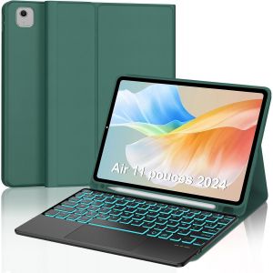 Clavier pour iPad Air 11"" 2024/2025 (M2/M3)/ Air 5&egrave;me/4&egrave;me 10.9"" avec Pav&eacute; Tactile, Coque Clavier pour iPad Pro 11"" 4/3/2/1 Gen, Clavier R&eacute;tro&eacute;clair&eacute; Magn&eacute;tique Fran&ccedil;ais AZERTY, Vert fonc&eacute; - Neuf