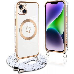 Eryi-Coque Magnétique Pour Iphone 14 Plus Con Cordon, Compatible Avec Magsafe, Silicone Housse Avec Motif Coeur D'amour Réglable Collier Lanyard, Antichoc Etui Pour Iphone 14plus 6.7 Pouces, Blanc - Neuf