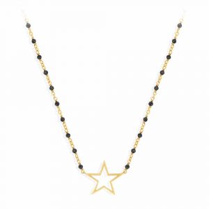 Collier Argent Dor&eacute; &Eacute;toile Et Pierre Spinelle Noire - Neuf